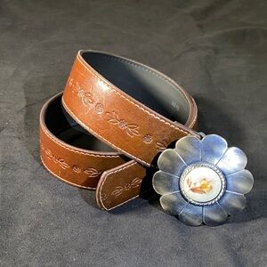 Floral Embossed Brown Belt with Silver Buckle